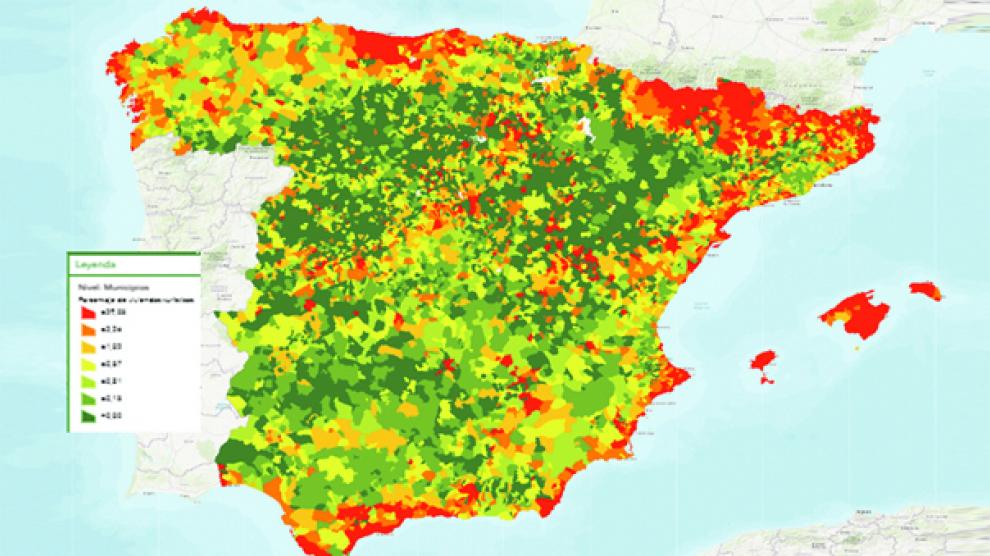 Porcentaje de viviendas turísticas sobre el total de casas en los municipios de España.