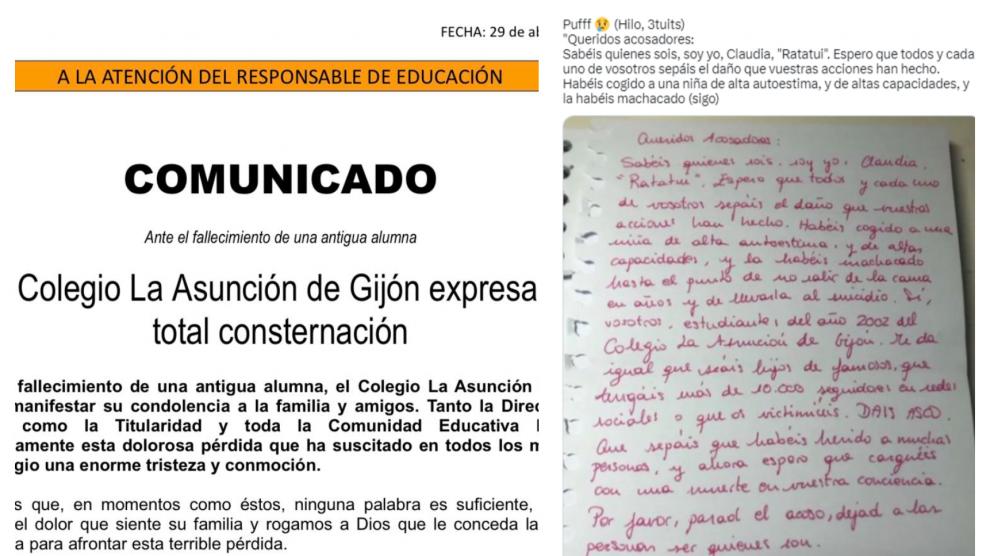 Una imagen del comunicado publicado por el colegio donde estudió la niña, y la carta difundida en redes sociales.