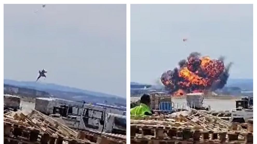 Combo de imágenes del caza cayendo (izquierda) y la explosión posterior, en la que puede verse al piloto eyectado fuera del aparato.