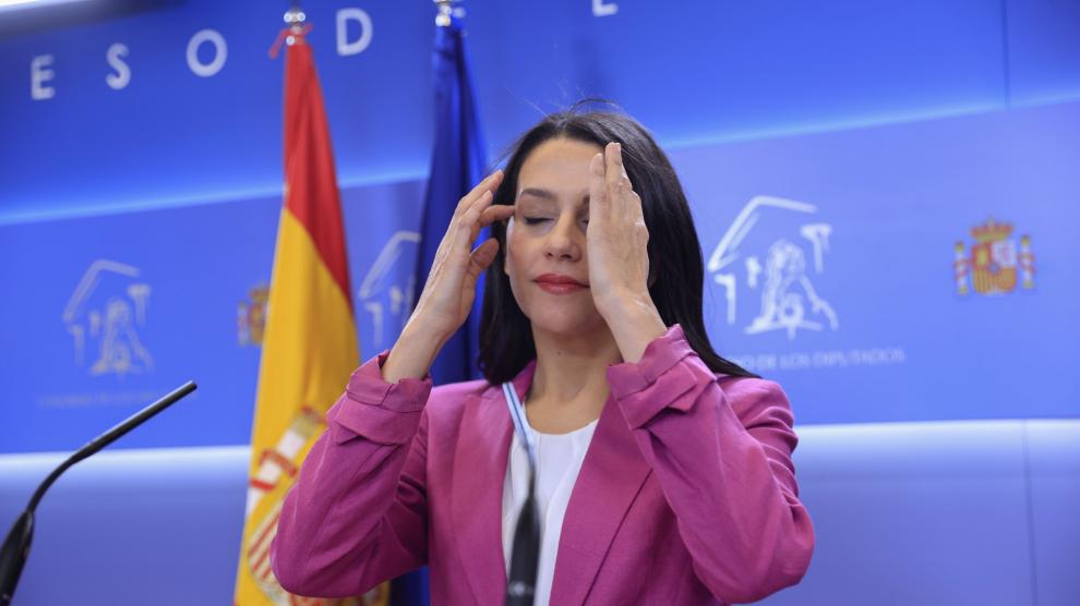 La portavoz de Ciudadanos en el Congreso, Inés Arrimadas, durante la rueda de prensa ofrecida este jueves en el Congreso para anunciar que deja la política