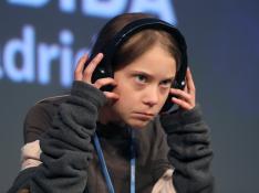 La joven activista climática de 16 años Greta Thunberg, durante la rueda de prensa que ha ofrecido este viernes en la Casa Encendida de Madrid .