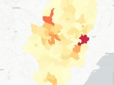 Mapa de Aragón con las zonas básicas de salud con más casos de contagios por el coronavirus. Recurso