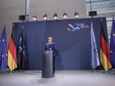 Angela Merkel durante su discurso de felicitación a Joe Biden