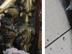 Las termitas han dañado gravemente las tallas de Santa Orosia (izquierda) y de San Sebastián de la iglesia de Guasillo.