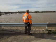 Situado sobre los nuevos aliviaderos abiertos en Novillas, un voluntario de Protección Civil observa el paso de la crecida del Ebro.
