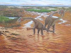 Reconstrucción del paisaje de Utah en el Cretácico Temprano basada en la información del yacimiento Doelling's Bowl: Mierasaurus (en el centro), Iguanocolossus y Yurgovuchia (a la derecha) y un esqueleto de anquilosaurio (a la izquierda).