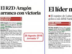 Fichas de las crónicas de los partidos del RZD Aragón el año pasado en Tercera División ante el Belchite y el Sariñena.