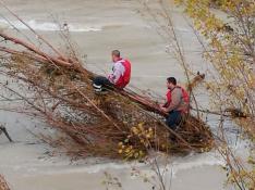 Dos campistas esperan a ser rescatados colgados de un árbol sobre el río Bergantes, en Aguaviva.