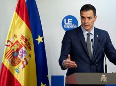 El presidente del Gobierno de España, Pedro Sánchez, durante la rueda de prensa ofrecida al término del Consejo Europeo de Bruselas.