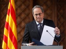 El presidente de la Generalitat, Quim Torra, durante la declaración institucional de este miércoles
