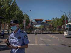 Un policía hace guardia este domingo en la entrada al mercado de Xinfadi, donde se ha detectado el brote.