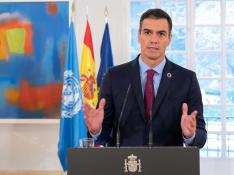 Pedro Sánchez, durante su discurso en la ONU grabado en la Moncloa.