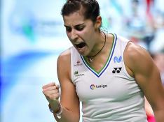 Carolina Marín celebra la victoria en la semifinal.
