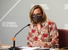 La consejera de Presidencia, Mayte Pérez, durante la rueda de prensa de este martes