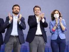 Casado, Mañueco y Ayuso durante la campaña electoral en Castilla y León