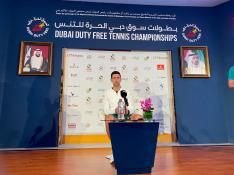 Novak Djokovic addresses a news conference ahead of his campaign at the Dubai Duty Free Tennis Championships