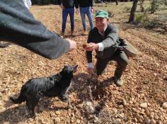 Un perro acaba de localizar una trufa y el agricultor se la muestra a un turista.