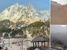 Las fotos más espectaculares de la calima en Aragón: la nieve del Pirineo teñida de marrón