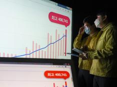 Dos empleados miran una pantalla en Seúl que muestra el incremento de casos de covid