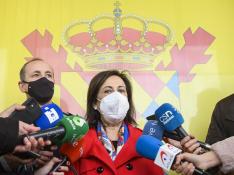 La ministra de Defensa, Margarita Robles, comparece ante los medios en su visita a la base aérea de Morón de la Frontera (Sevilla).