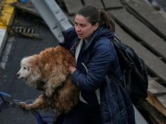 A woman carries her dog during an evacuation, as Russia's invasion of Ukraine continues, in the town of Irpin