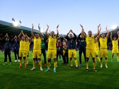 Los jugadores de la selección ucraniana aplauden a su afición tras el partido.