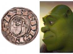 Una de las monedas en las que el rey Sancho Ramírez presenta rasgos de acromegalia. A la derecha, Shrek.