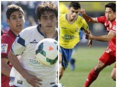 Asensio (izda.) y Pedri (dcha.), en dos lances de juego frente al Real Zaragoza recientemente, con el Mallorca y Las Palmas.