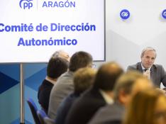 Jorge Azcón, este lunes durante la reunión del Comité de Dirección del PP-Aragón.