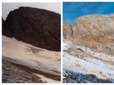 La imagen superior muestra el glaciar de La Paúl en el año 2000 y la inferior, en el 2022.