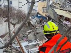 Un perro del equipo de Bomberos de Zaragoza busca entre los escombros causados por el terremoto en Turquía.