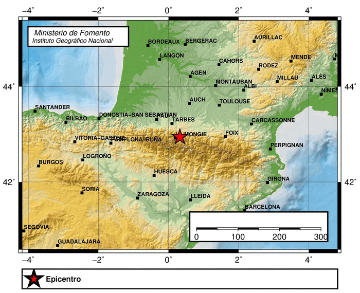 Mapa de localización del temblor con epicentro en el Pirineo francés
