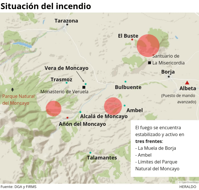 Mapa de la zona afectada por el incendio del Moncayo.
