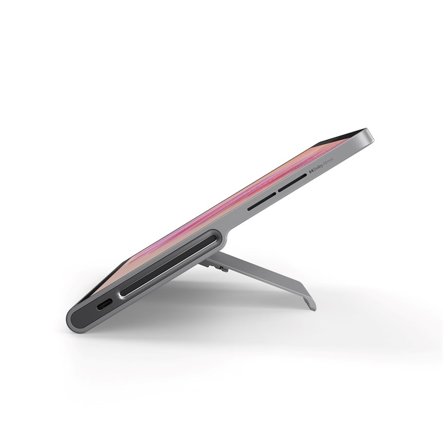The Lenovo Tab Plus has a built-in tab that allows you to hold it horizontally on any desk.